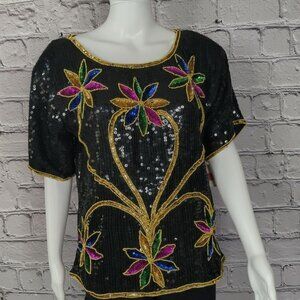 Vintage Night Vogue 80s Silk Beaded Black Floral Blouse , Women's Medium NWT